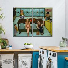 two paintings of people sitting at a table in front of washers and dryers