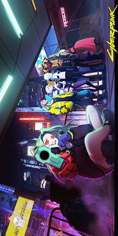 an image of some cartoon characters playing video games in a room with neon lights on the ceiling