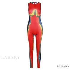 Lasaky - Fashionable Round Neck Sleeveless High-Waist Bodysuit with Stylish Print Red Sleeveless Stretch Bodysuit, Red Stretch Sleeveless Bodysuit, Red Sleeveless Stretch Jumpsuits And Rompers, Red Stretch Sleeveless Jumpsuits And Rompers, Multicolor Sleeveless Stretch Bodysuit, Multicolor Stretch Sleeveless Bodysuit, Casual Sleeveless Multicolor Bodysuit, Casual Multicolor Sleeveless Bodysuit, Sleeveless Multicolor Fitted Bodysuit