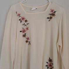 Bon Worth Flannel Like Shirt With Embroidery Flowers Long Sleeve Square Neck Medium Petite Long Sleeve Cotton Tops With Embroidered Hem, Long Sleeve Cotton Top With Embroidered Hem, Beige Cotton Tops With Embroidered Hem, Long Sleeve Cotton Tops With Machine Embroidery, Cream Tops With Embroidered Hem For Spring, Cream Top With Embroidered Hem For Spring, Spring Beige Shirt With Floral Embroidery, Spring Cream Top With Embroidered Hem, Spring Long Sleeve Top With Embroidered Hem