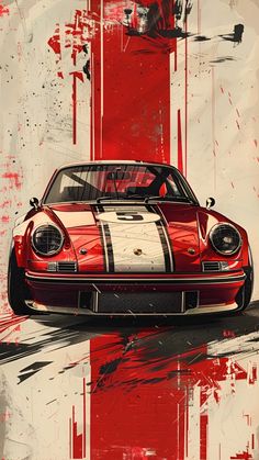 a painting of a red sports car with white stripes