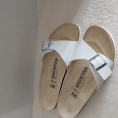 Birkenstock Madrid Womens Size L8 M6 Color White No Box Used Just To Try Them White Adjustable Sandals For Everyday Wear, White Flat Everyday Sandals, White Flat Sandals For Everyday, White Flat Sandals For Everyday Wear, Comfortable White Footbed Sandals With Round Toe, Comfortable White Round Toe Footbed Sandals, White Round Toe Sandals For Everyday, Everyday White Round Toe Sandals, Casual White Slides With Cork-bed Midsoles