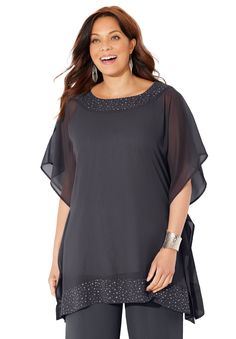 If you're eyeing our rhinestone accented poncho, we don't blame you. This number has our full attention too. It's chic, cozy, and comfortable. Wear it alone or layered over your favorite tunic or tee. FABRIC: Beautifully light, feel-good georgette fabric that's soft, smooth, and cool to the touch. FIT: Easy, comfortable poncho style silhouette. Rhinestud accents at banded neckline and bottom. Below elbow-length sleeves, straight hem. 100% PolyesterMachine washImported Plus Size PonchoAverage: 34 Big Belly Outfits Plus Size, Clothes For Women Over 60, Poncho Blouse, Casual Tie, Blouse Tank Top, Poncho Style, Womens Scrubs, Georgette Fabric, Petite Tops