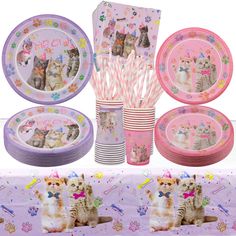 PRICES MAY VARY. Cat Birthday Decorations: 40 9'' dinner plates , 40 7'' dessert plates, straw * 40 , 40 9 oz cups ,napkins *40, tablecloth * 2, enough tableware for 40 guests. Materites, cups, napkins are made of white paperboard. Great for desserts, party food, and beverages. Attractive Design: cutest little cat patterns, pink and purple collocation with dynamic design, making them eye-catching. Vivid colors and cute prints bright your party,make the whole supplies set looks more cute but eleg Cat Themed Party, Cat Party Decorations, Desserts Party, Cat Themed Parties, Birthday Party Plates, Kitten Party, Cat Patterns, Cat Birthday Party, Kitty Party