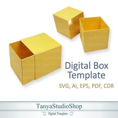 three yellow boxes are shown with the words, digital box template