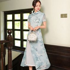 Premium Quality Ladies Blue Floral & Bamboo Prints Chinese Long Dress Cheongsam Qipao, Stunning Womens Dresses Elegant Fitted Blue Cheongsam, Elegant Blue Cheongsam For Spring, Blue Fitted Cheongsam For Spring, Elegant Ao Dai With Stand Collar For Spring, Blue Fitted Cheongsam With Stand Collar, Blue Fitted Spring Cheongsam, Spring Blue Fitted Cheongsam, Elegant Spring Ao Dai With Stand Collar, Spring Formal Cheongsam With Stand Collar