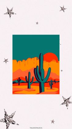 an image of a desert scene with cactuses and stars in the sky on a white background