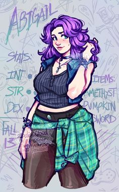 a drawing of a woman with purple hair and tattoos on her arm, wearing plaid shorts