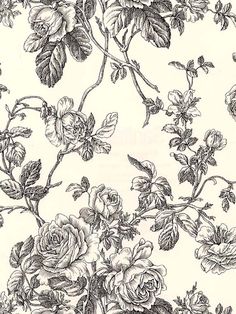 black and white drawing of roses on a wallpaper background, with leaves and flowers in the foreground