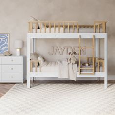 a child's bedroom with a bunk bed and dresser