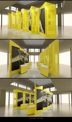 four different views of a room with yellow partitions