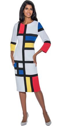 Dresses by Nubiano 801 Fitted Multicolor Midi Dress For Fall, Fitted Multicolor Dresses For Fall, Fitted Multicolor Dress For Fall, Fitted Multicolor Knee-length Dress, Mondrian Dress, Dress Colors, Church Events, Printed Wide Leg Pants, Special Occasion Dresses