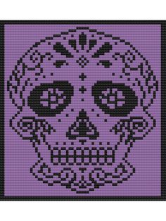 a cross stitch skull in purple and black