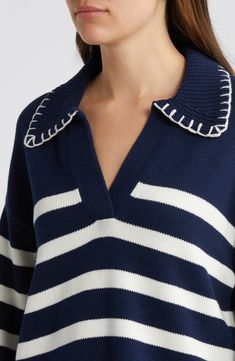 Contrasting embroidery traces the edges of a maritime-striped polo-sweater knit from pure cotton in a slouchy silhouette. 24 1/2" length (size Medium) Johnny collar Long sleeves Dropped shoulders Ribbed cuffs and hem 100% cotton Dry clean Imported Johnny Collar, Flare Long Sleeve, Polo Sweater, Fall Shopping, Striped Sweater, Pant Shirt, Shirt Accessories, Sweater And Shorts, Cashmere Sweater