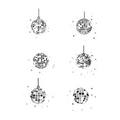 four black and white disco balls hanging from the ceiling with stars in the sky behind them