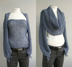 two pictures of a woman's sweater on mannequins, one in blue and the other in white