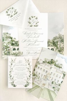 the wedding stationery is laid out on top of each other