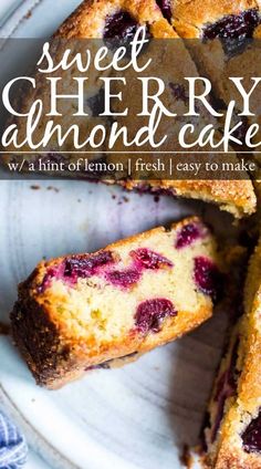 a white plate topped with blueberry almond cake