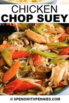 chicken and vegetable stir fry in a skillet with the words chicken chop suey above it