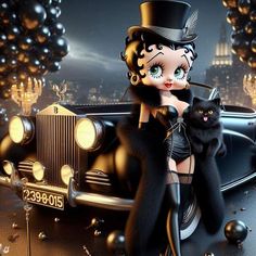 a woman sitting on top of a car with a black cat next to her in front of balloons