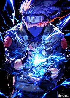 an anime character with blue hair and glasses holding a lightening bolt in his hands