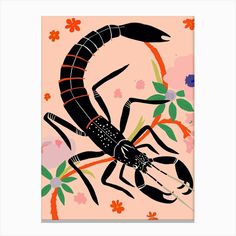 a black scorpion on a pink background with flowers