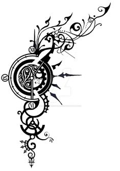 a black and white drawing of a clock with swirly designs on the side, in front of a white background