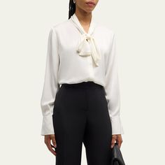 Kobi Halperin "Leni" blouse with neck self-tie Approx. 26.5"L from shoulders to hem High neckline; concealed button front Long sleeves; single-button split cuffs Back inverted pleat Relaxed fit Silk/spandex Dry clean Imported Black Tie Neck Blouse, Travel Scarf, Kobi Halperin, Evening Jackets, Tie Neck Blouse, Tie And Pocket Square, Lingerie Sleepwear, High Neckline, Dress With Boots