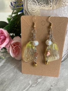 Handmade Earrings made from real Butterfly Wings! Hypoallergenic Metal🐞 (All bugs were ethically collected 🦋) All orders will come with a buggy gift!🪲 Thank you for supporting my art!! Yellow Nickel-free Earrings As Gift, Unique Handmade Butterfly Earrings, Yellow Dangle Earrings For Gift, Yellow Pierced Earrings As A Gift, Yellow Pierced Earrings For Gift, Yellow Earrings For Gifts, Yellow Earrings For Gift, Artsy Yellow Earrings For Pierced Ears, Yellow Whimsical Dangle Earrings