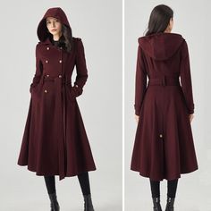 "FEATURES 50% wool, 50% wool blend Fully liner with polyester Two pockets Hooded neckline Long sleeve Button closure in front For Winter, Autumn dry clean ★★Mode size Height 170cm (5′ 7″)  Bust 84 cm (33\")  Waist 66 cm (26\")  She wears size XS. ★★Bespoke Order Service If you Request other color Request the length Your height is not between 155 cm- 175 cm Your weight is not between 47 kg -77 kg I can do it for you, It will need some extra fee depending on on your need. Contact with me for more Hooded Pea Coat With Buttons For Workwear, Hooded Pea Coat For Workwear, Hooded Wool Outerwear, Solid Wool Hooded Outerwear, Solid Color Wool Hooded Outerwear, Hooded Wool Pea Coat For Work, Brown Hooded Wool Coat For Winter, Fitted Hooded Pea Coat For Fall, Hooded Wool Coat For Fall