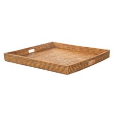 a square tray with handles made out of wicker