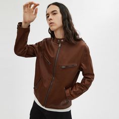 Rev up your style with this luxe supple leather jacket. Inspired by traditional racer silhouettes this classic-fit zip-up design features a snap closure at the neck zip pockets and zip cuffs. | Coach Leather Racer Size Small - Saddle Coach Leather, Jacket Outfits, Zip Up, Outerwear Jackets, Snap Closure, Saddle, Design Features, Your Style, Zip Pockets