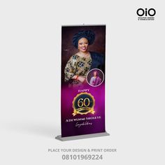 a purple roll up banner with an image of a woman on it and the words happy 60th