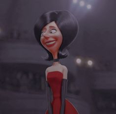 an animated woman in a red dress is smiling