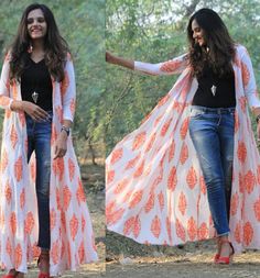 Shrug For Jeans, Long Shrug Dresses Indian, Long Shrugs Outfit Western, Kurti With Shrug Long, Ruffle Shrug Long Indian, Shrug Kurti, Goa Trip, Onam Outfits