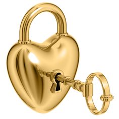 a golden heart shaped lock with a key hanging from it's side, isolated on a white background