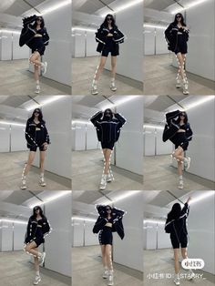 multiple shots of a woman in black outfit with white shoes and hoodie, posing for the camera