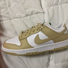 Nike Dunk Low Retros Gold And White. Size 6 In Big Kids Which Is A Woman’s 8. Never Worn Casual Custom Cream Sneakers With Contrast Sole, White Casual Custom Sneakers, Casual Cream Custom Sneakers With Round Toe, Sporty Cream Skate Shoes With Round Toe, Beige Casual Custom Sneakers With Round Toe, Cream Sporty Skate Shoes With Round Toe, Casual Beige Custom Sneakers, Casual Cream Skate Shoes With Branded Insole, Casual Beige Sneakers