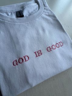 God Is Good Embroidered T-shirt, Unisex, SHIPPING INFO: FREE UK DELIVERY are sent as 1st Class (1-2 Working days) UK EXPRESS (Next day delivery) this is an extra cost at checkout Europe sent as International Tracked (Expected 3-5 working days) Worldwide sent as International Tracked (Expected 5-7 working days) EMBROIDERY THREAD: POLYESTER T-SHIRT: 100% COTTON (WHITE 170 GSM) (OTHER COLS 180 GSM) SWEATSHIRT: 80% COTTON, 20% POLYESTER (WHITE + HEATHER GREY 260 GSM) (OTHER COLOURS 280 GSM) CARE INS Red Cotton T-shirt With Custom Embroidery, White Basic T-shirt With Custom Embroidery, Basic White T-shirt With Embroidered Text, White Basic T-shirt With Embroidered Text, Red Embroidered Crew Neck T-shirt, Basic White Embroidered T-shirt, Red Short Sleeve T-shirt With Embroidered Text, Embroidery On T Shirt, Embroidery T Shirt