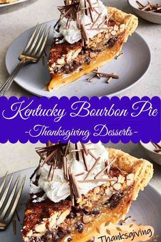 two slices of kentucky bourbon pie with whipped cream and chocolate toppings on the top