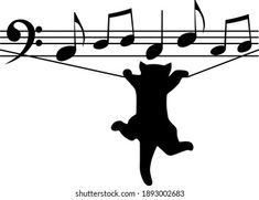 a black and white silhouette of a cat with musical notes