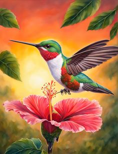 a painting of a hummingbird perched on a flower