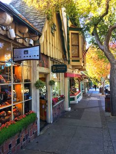 an old fashioned store on the side of a street with potted plants in front