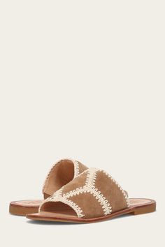 Ava Crochet Slide Sandals | Women's Leather Sandals | Frye Crochet Sandals, Leather Socks, Leather Sandals Women, Crochet Details, Steel Blue, Slide Sandals, Hand Crochet, Suede Leather, Leather Sandals