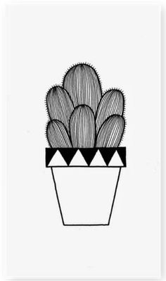 a black and white drawing of a cactus in a pot