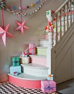 the stairs are decorated with pink stars and presents