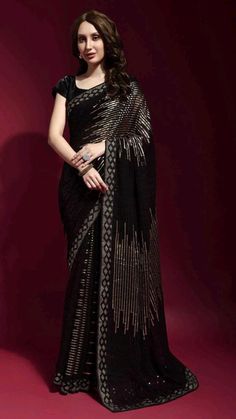 farewell saree for girls latest stylish 2023 Blouse For Wine Colour Saree, Wine Colour Saree, Black Wedding Party, Zari Work Saree, Party Saree, Sequins Saree, Dazzling Jewelry, Saree Work, Sequence Saree