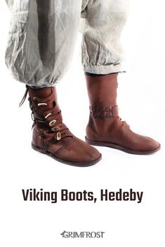 FREE WORLDWIDE SHIPPING These leather boots are inspired by a find in Hedeby, Denmark, with the characteristic straps and antler toggles of the time. #viking #vikingclothing #boots #grimfrost Leather Hunting Boots With Rubber Sole, Hunting Boots With Rubber Sole And Leather Material, Leather Round Toe Hunting Boots, Historical Leather Boots With Round Toe, Viking Leather Boots With Rubber Sole, Historical Style Leather Boots With Closed Toe, Historical Leather Boots With Closed Toe, Leather Viking Boots With Rubber Sole, Historical Leather Closed Toe Boots