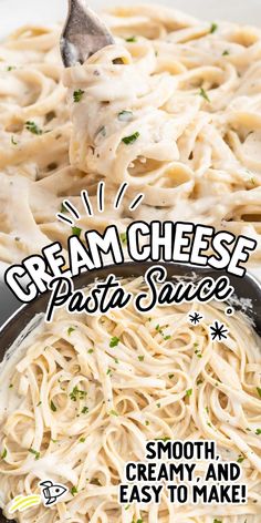 a spoon full of cream cheese pasta sauce with the title overlay that reads, creamy and easy to make