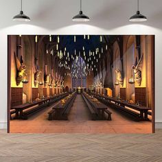 the interior of a church with many benches and lights hanging from the ceiling, in front of